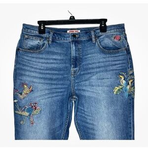 Johnny Was Blue Boyfriend Jeans with Floral Embroidery
